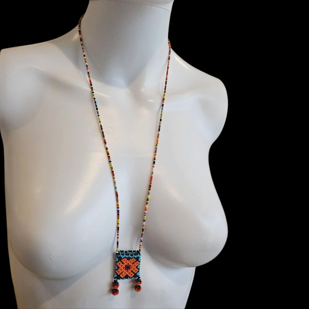 NWT - Colorful Handmade Beaded Necklace with Floral Medicine Pouch